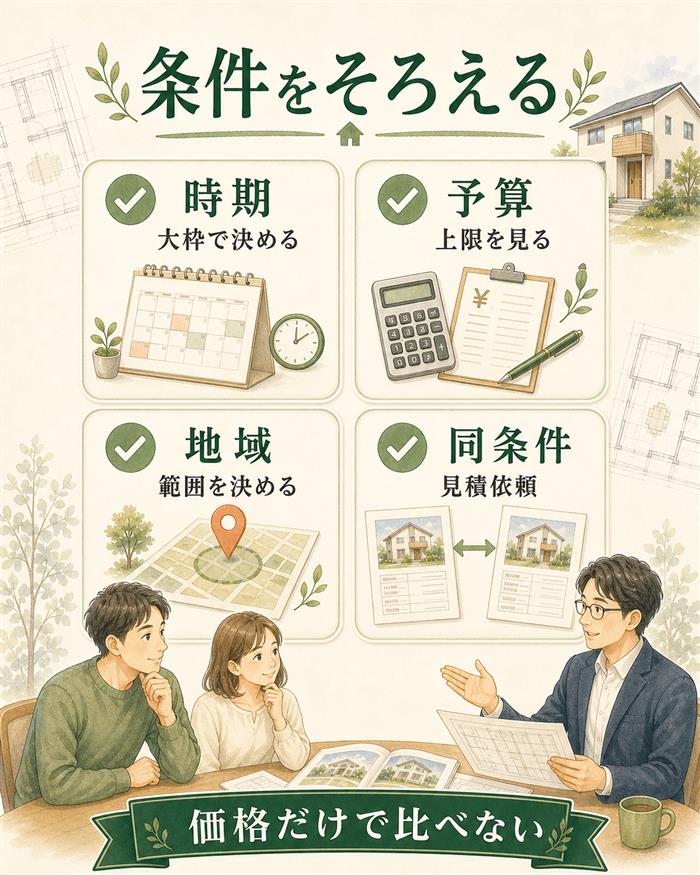 展示場や住宅会社の前に比較条件をそろえるチェック図解