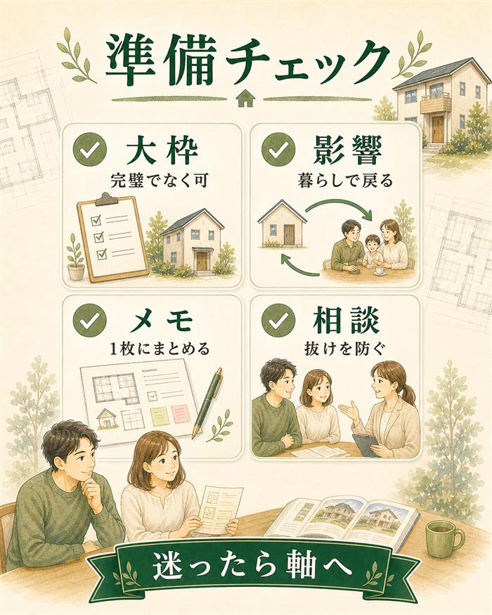 相談前に大枠やメモを準備する注文住宅チェック図解
