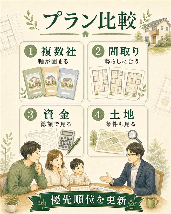 複数社のプランで間取り・資金・土地を比べる図解