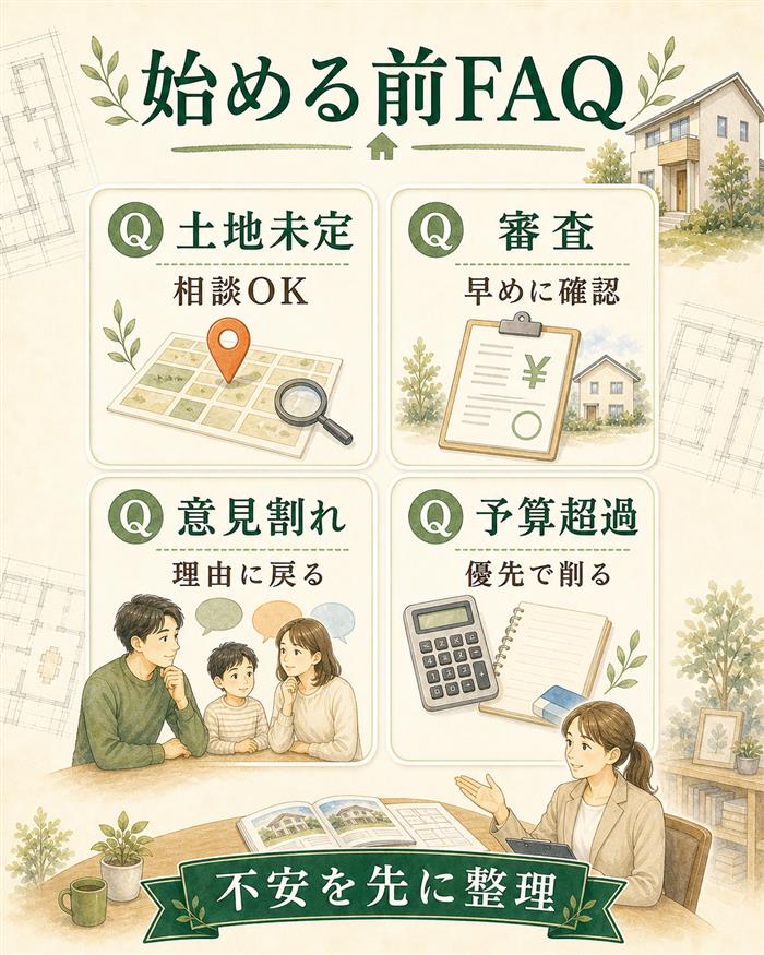 注文住宅を始める前の不安と確認事項を整理するFAQ図解