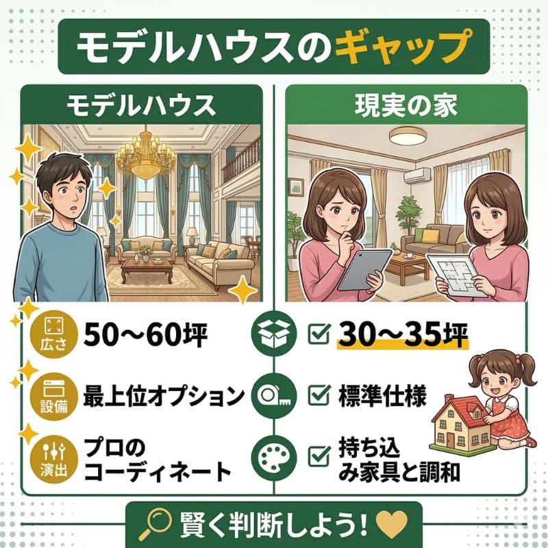 モデルハウスと現実のギャップを比較（広さ、設備、演出）