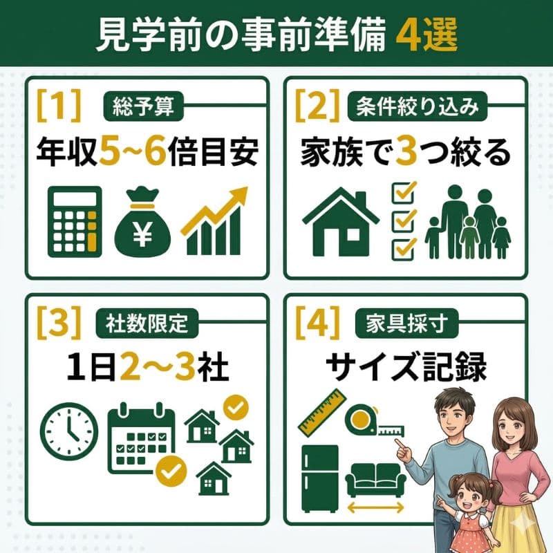 見学前に自宅でやるべき4つの準備（予算・条件・社数・採寸）。