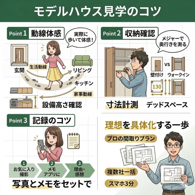 モデルハウス見学のコツ：動線、収納、記録方法とプラン提案。