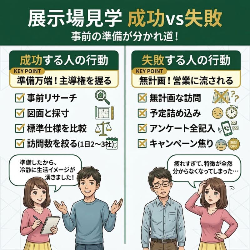 展示場見学の成功・失敗行動を比較するインフォグラフィック