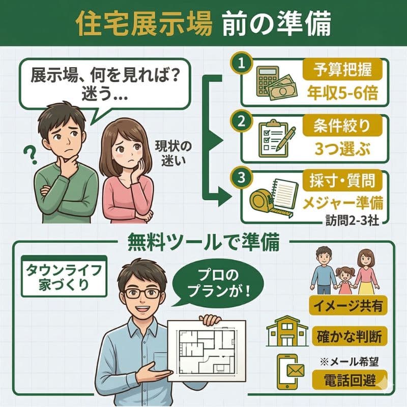 展示場の悩みは準備と無料ツールで解決。予算、条件、プロのプランなど。