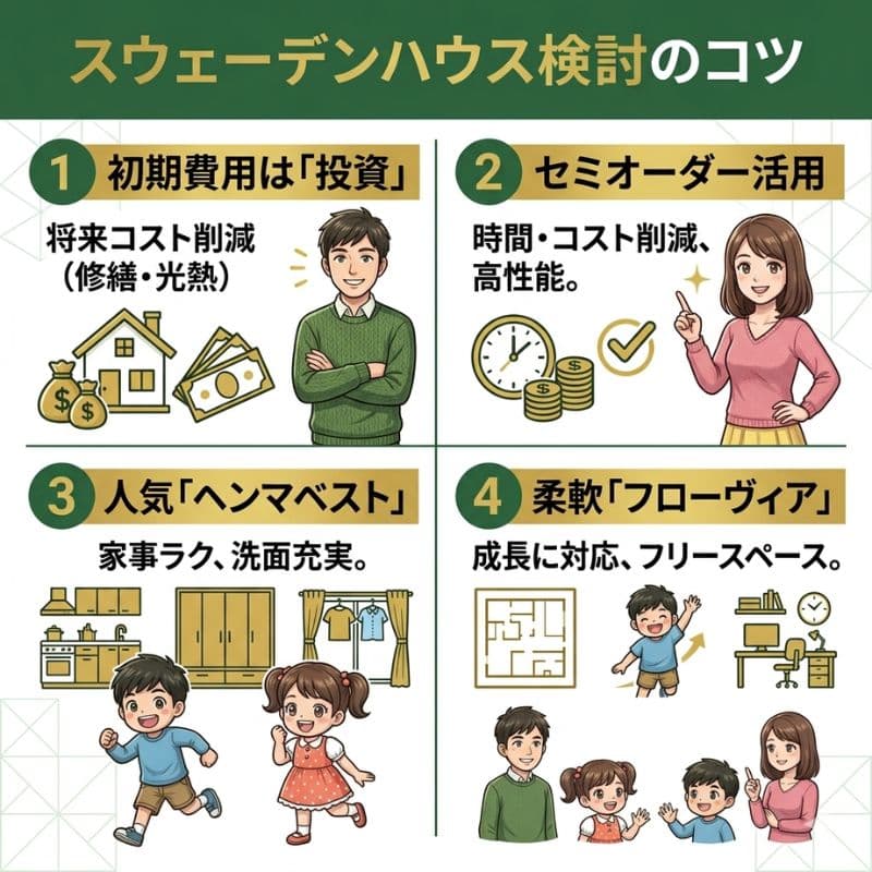 スウェーデンハウス検討のコツ。コスト削減、プラン、成長対応などの利点。