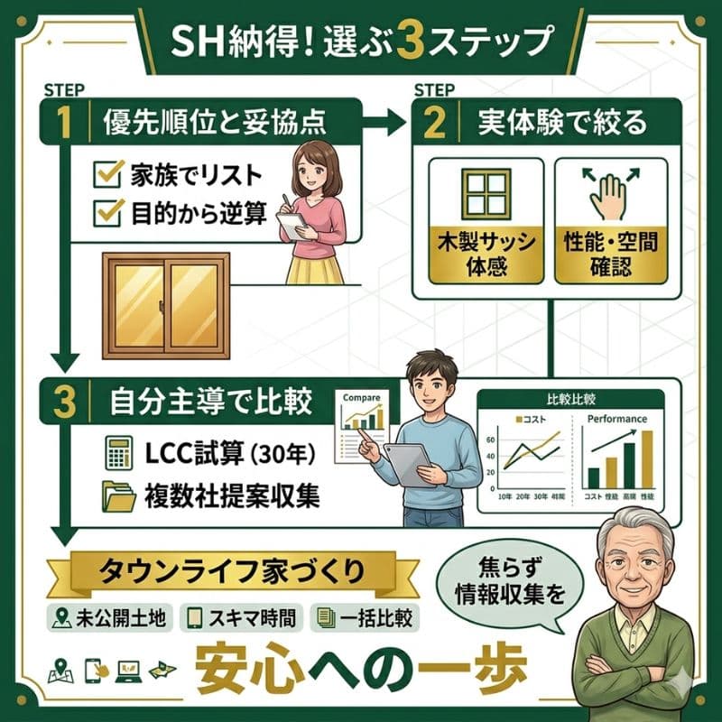スウェーデンハウスを選ぶ3ステップを紹介するインフォグラフィック