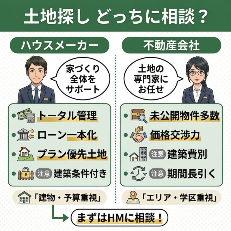 土地探しの相談先（HM・不動産）比較インフォグラフィック