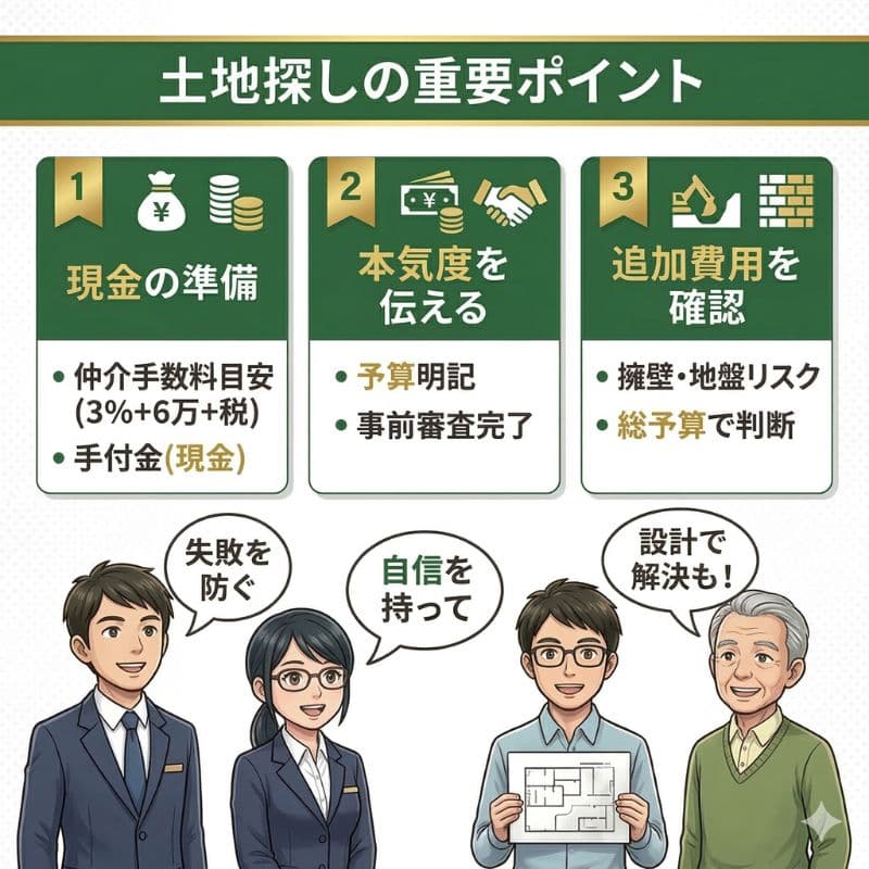 土地探し重要3ポイント：現金準備、本気度、追加費用を確認