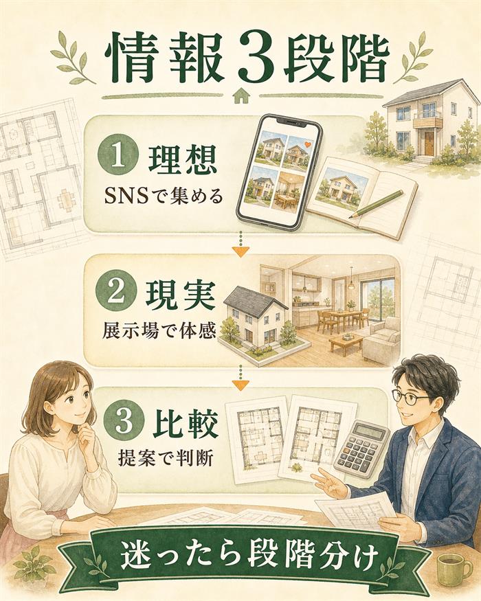 注文住宅の情報収集を理想・現実・比較の3段階に分けた図解