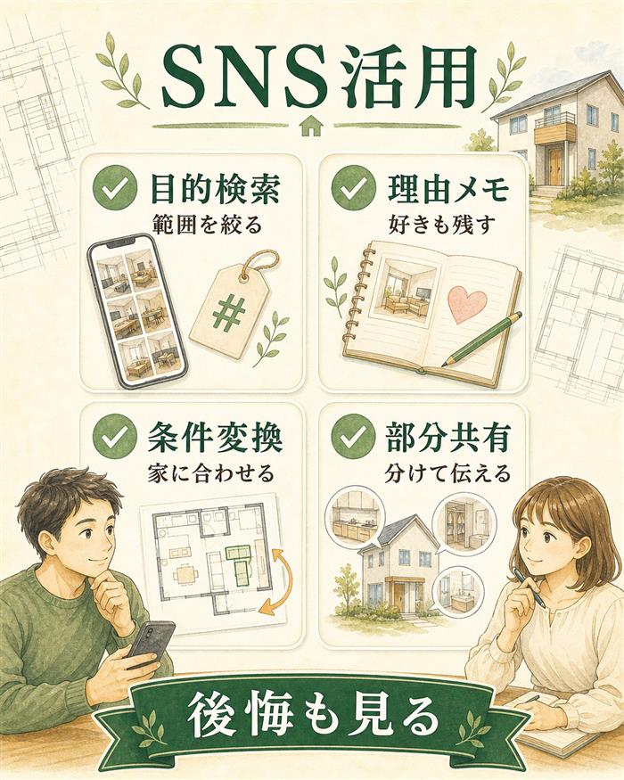 SNSで理想と後悔ポイントを整理するチェックリスト図解