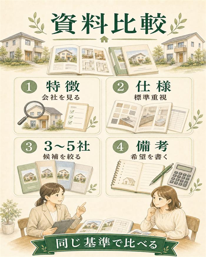 資料請求で候補会社を同じ基準で比較する項目図解