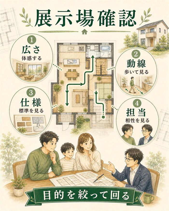 展示場で広さ・動線・仕様・担当を確認する間取り図解