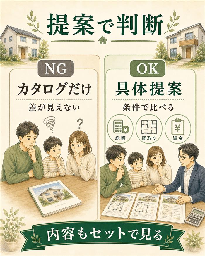複数社の具体提案で総額や間取りを比較する判断図解
