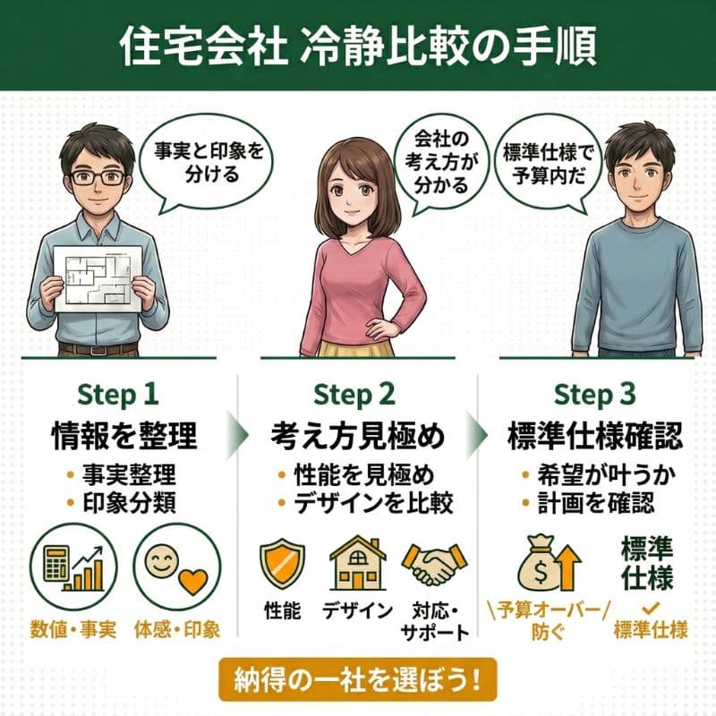 住宅会社比較の手順（整理・見極め・確認）を図解