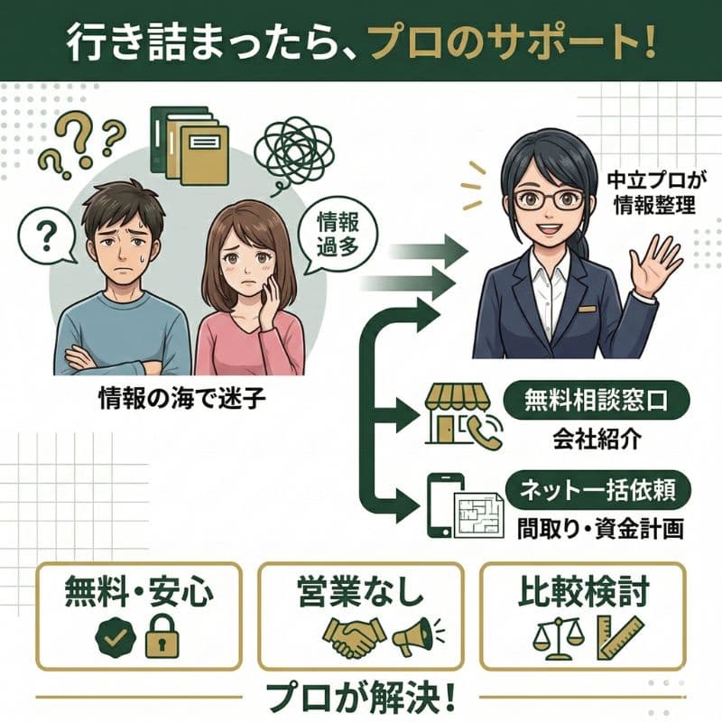 「行き詰まったらプロのサポート！」家づくりをプロが解決する図解。