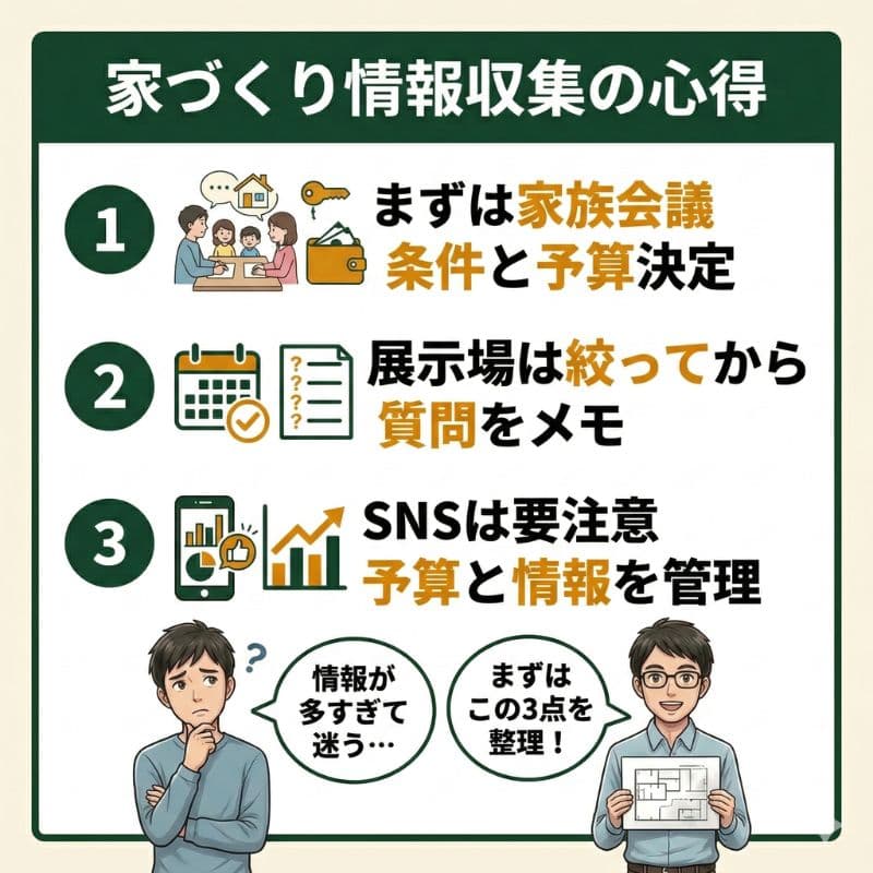 家づくり情報収集の心得。予算条件、展示場絞り、SNS注意。