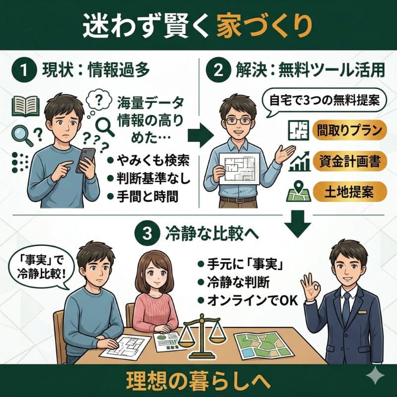 家づくりの悩みを無料提案で解決。間取りと資金を冷静に比較。