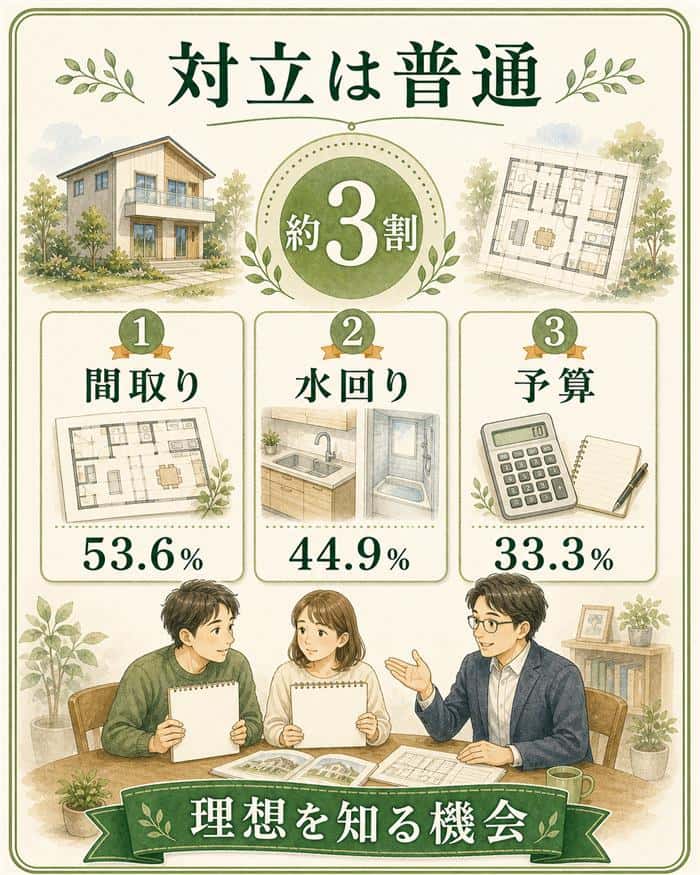 夫婦の家づくりで意見が対立しやすい項目を示した図解
