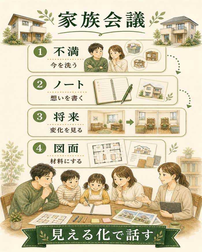 感情的な対立を防ぐ家族会議の進め方を示した図解