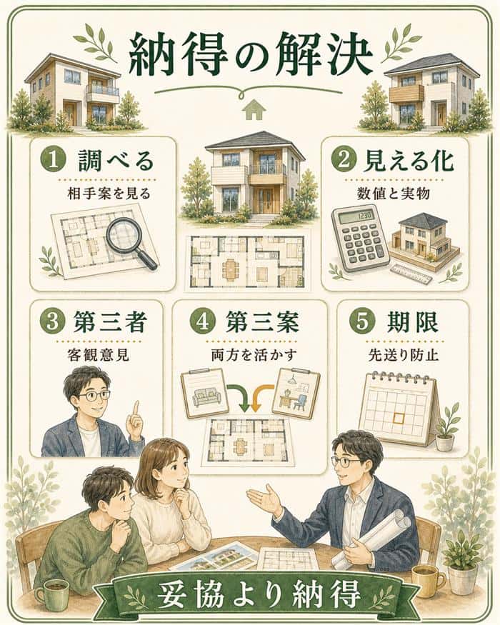 平行線の話し合いを納得へ変える解決策の図解