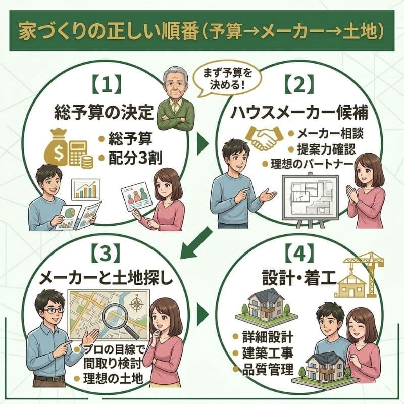 予算→メーカー→土地探しの順で進める家づくりの手順