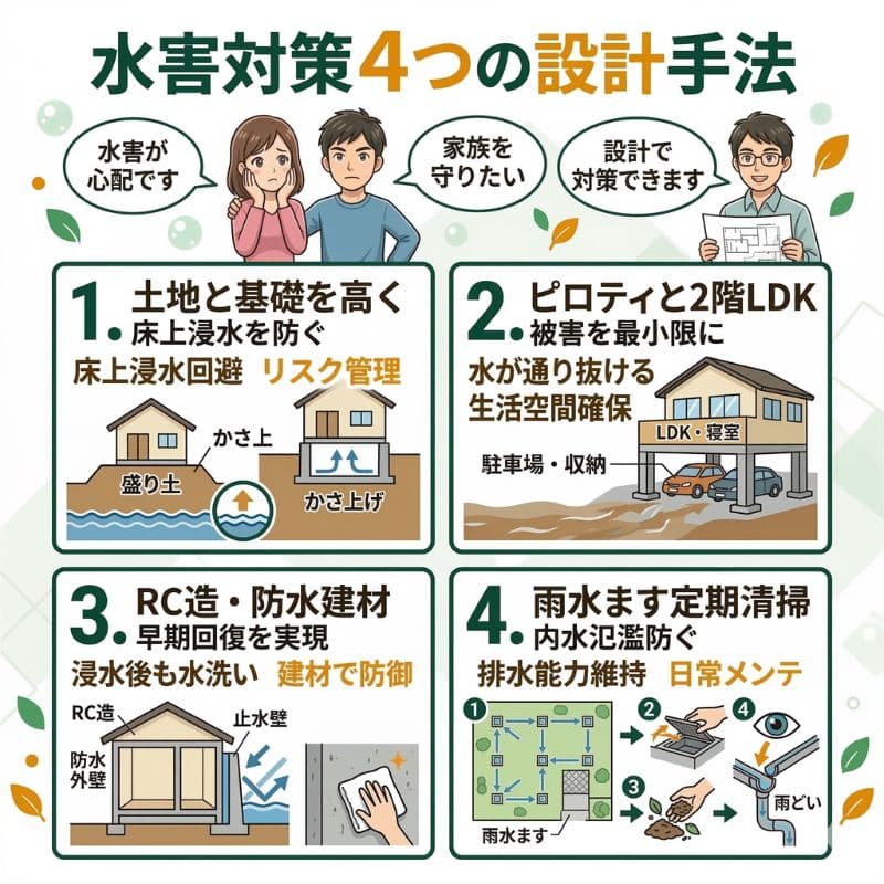 水害を防ぐための、土地かさ上げやピロティなどの4つの設計手法。