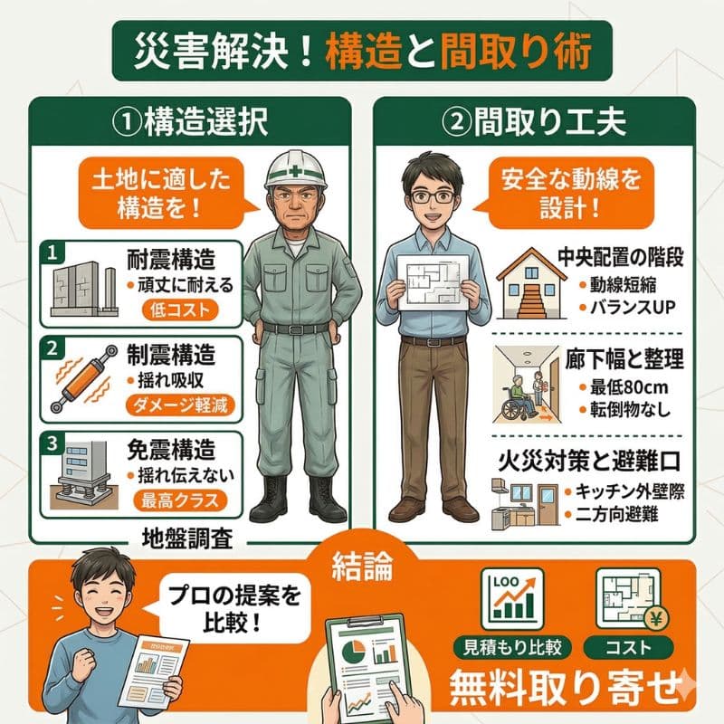 災害に強い家づくりのための構造と間取り、プロ比較を解説。