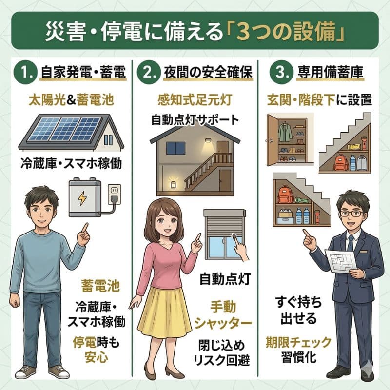 災害・停電対策に役立つ3つの設備の紹介図。