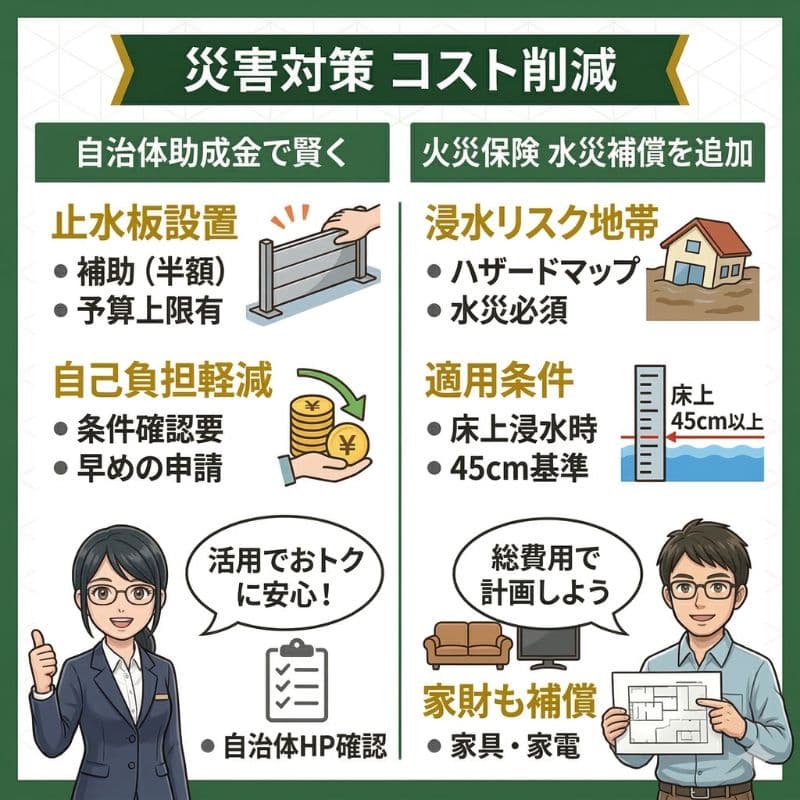 防災コスト削減。助成金、火災保険、家財補償のポイント解説。
