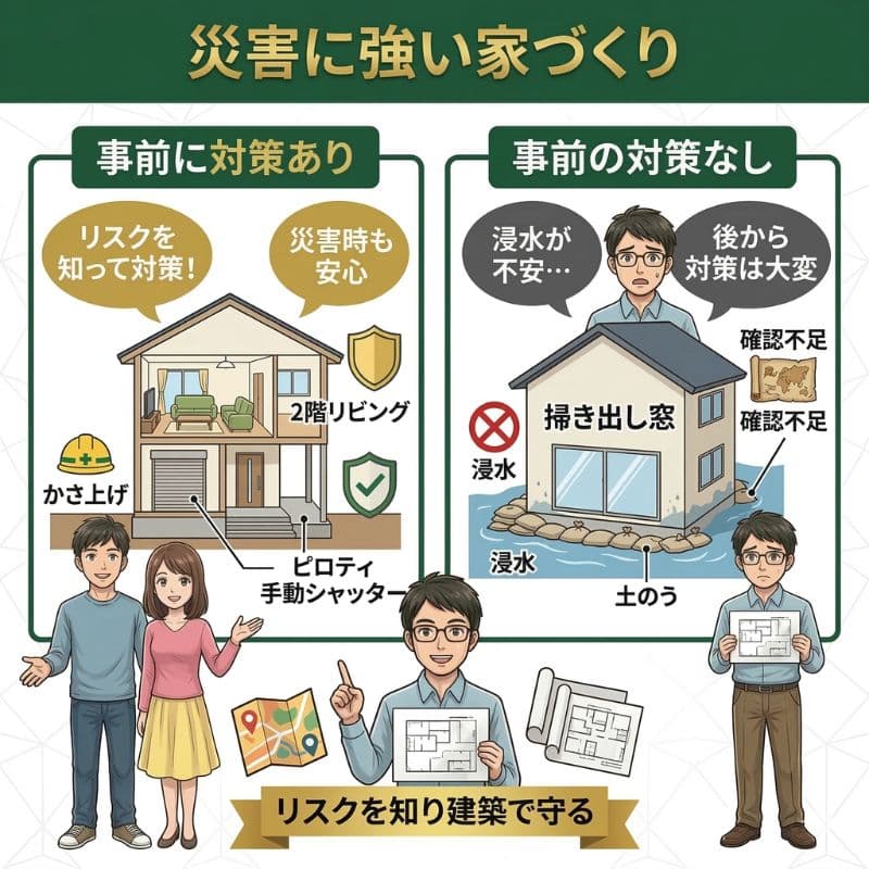 災害に強い家づくり。事前対策（かさ上げ）の有無を比較した図解。