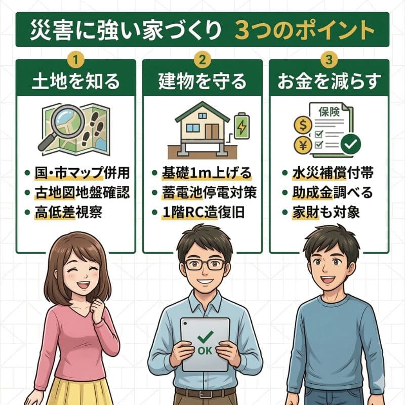 災害に強い家づくりの3つのポイントを解説するインフォグラフィック