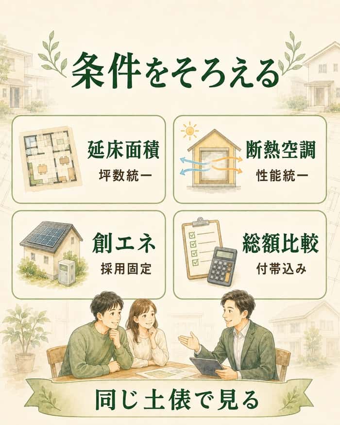 比較前にそろえる条件を四項目で整理する図