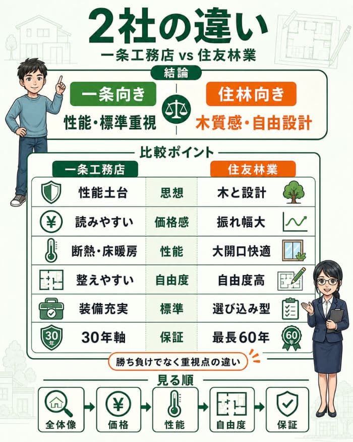 一条工務店と住友林業の違いを比較した図解
