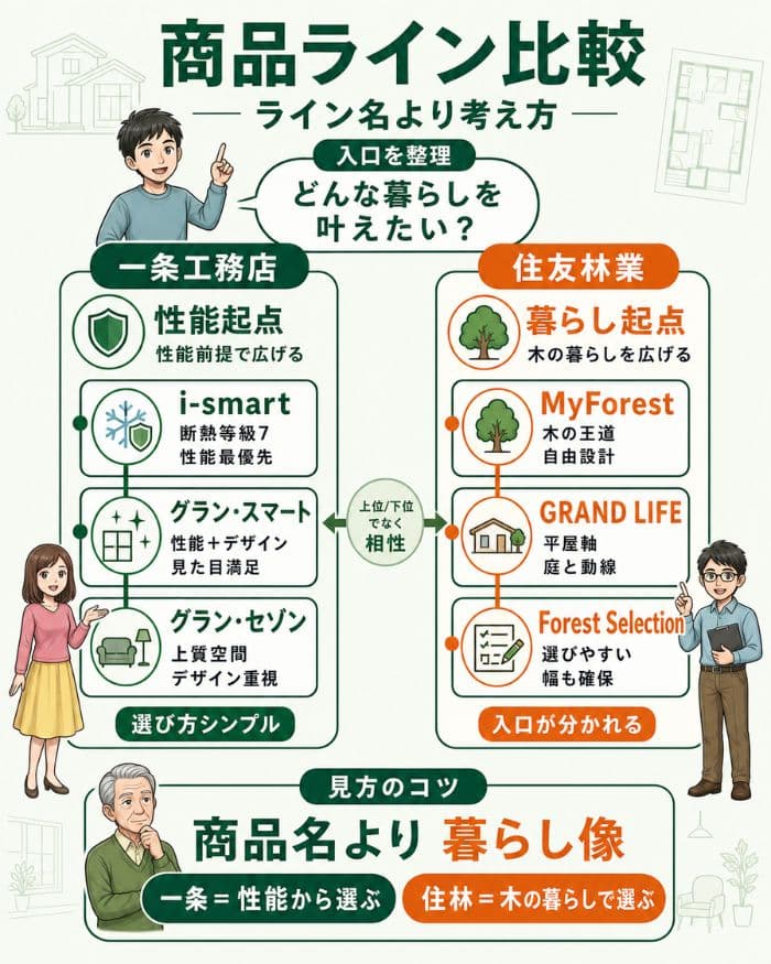 商品ライン別に家づくりの考え方を比較した図解