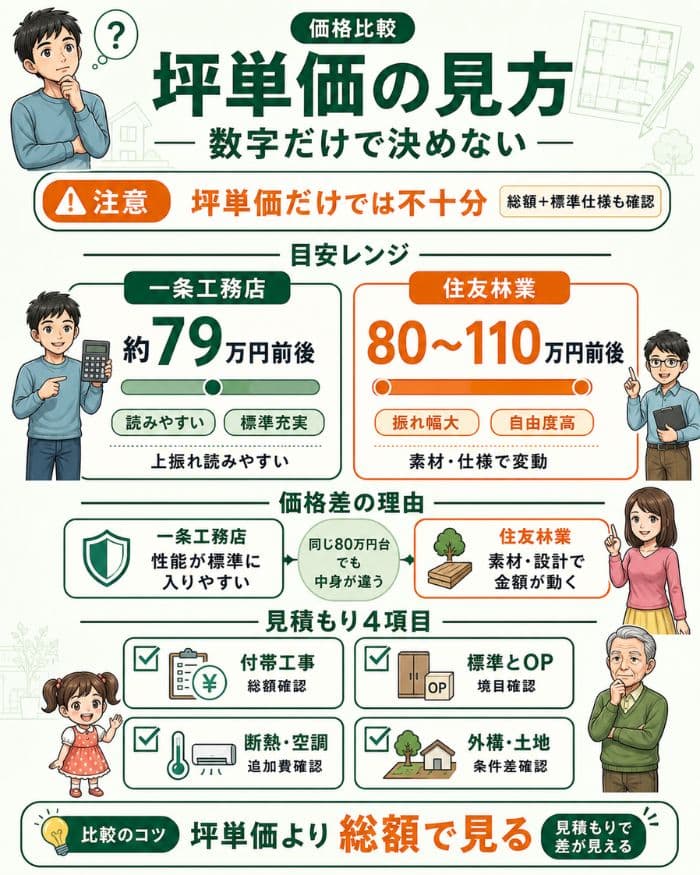 坪単価の目安と総額確認ポイントを示した図解