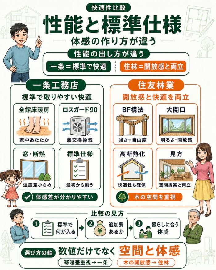 性能と標準仕様の違いを比較した住宅会社図解