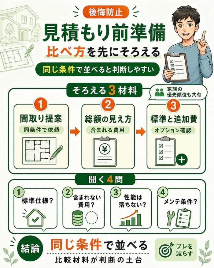 見積もり前にそろえる比較材料の図解