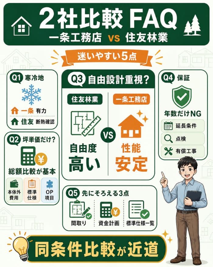一条工務店と住友林業のFAQ比較インフォグラフィック