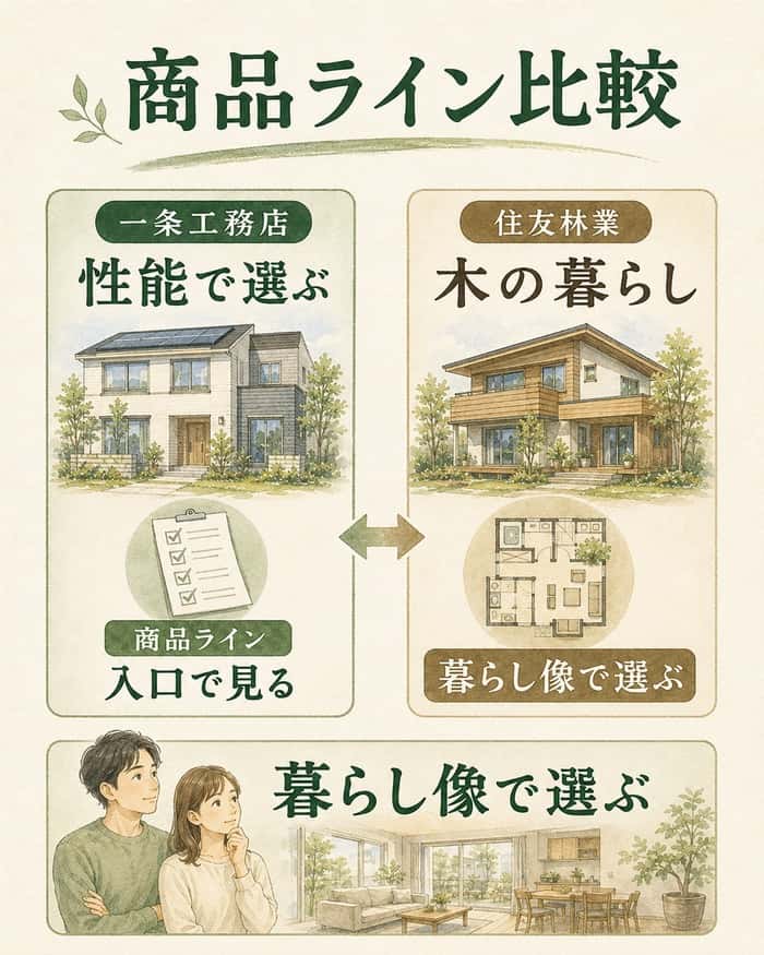 商品ラインを会社の考え方と暮らし像で比較する図。