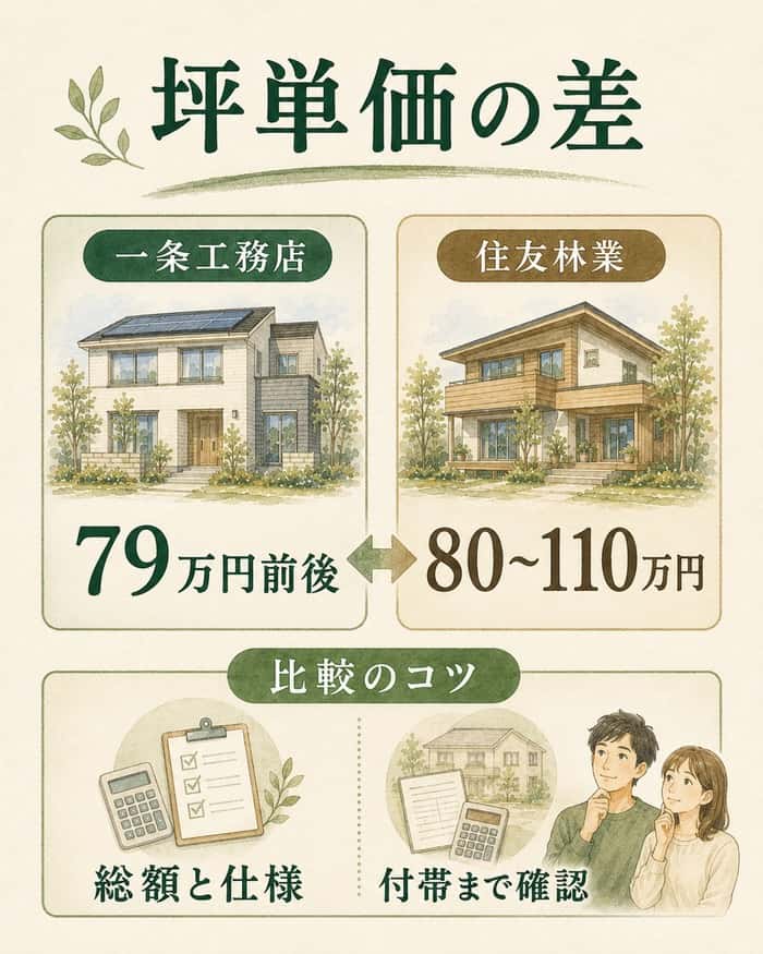 一条工務店と住友林業の坪単価目安と比較のコツを示す図。