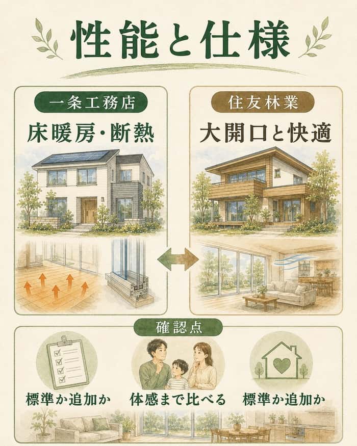 性能と標準仕様の違いを標準か追加かで確認する図。