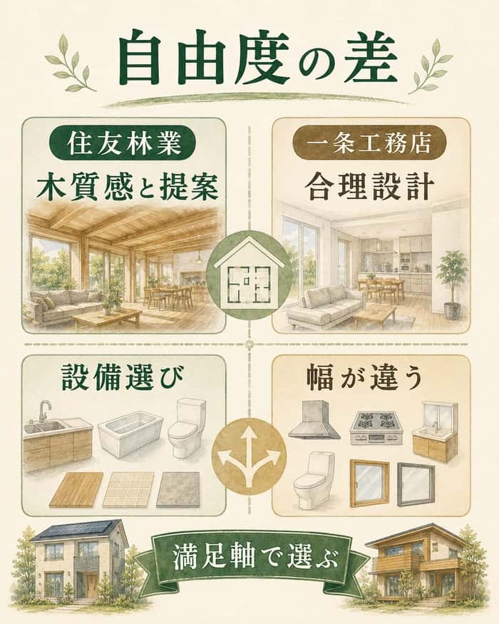 自由度の差を木質感や合理設計、設備選びで整理した図。