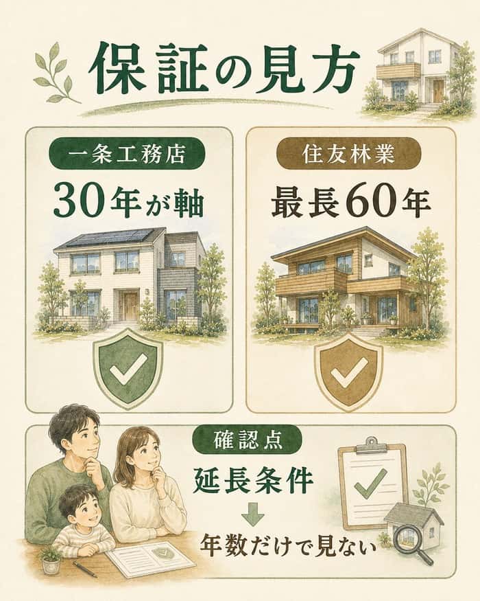 保証年数と延長条件を比較し年数だけで見ない視点を示す図。