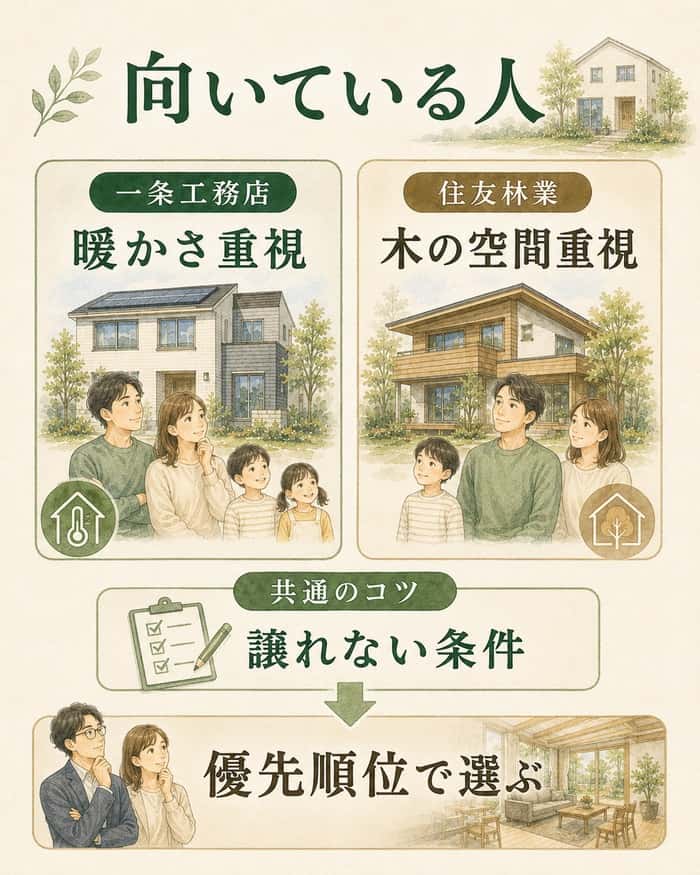 一条工務店と住友林業が向く人を優先順位で整理した図。