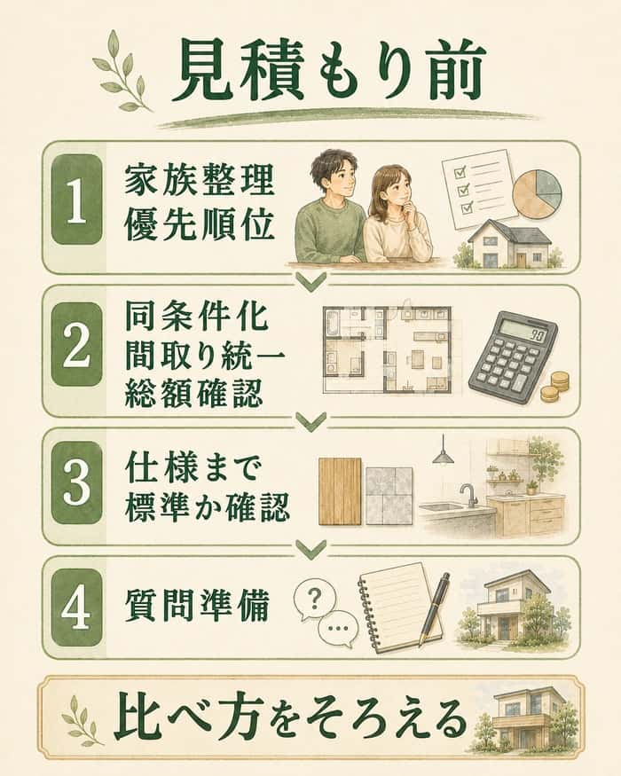 見積もり前にそろえる比較条件と質問準備の流れを示す図。