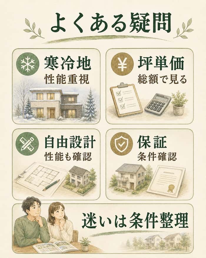 寒冷地や坪単価、自由設計、保証の疑問を条件整理で示す図。