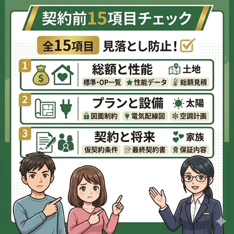一条工務店契約前の見落とし防止！15項目の確認ポイントをまとめた図解。