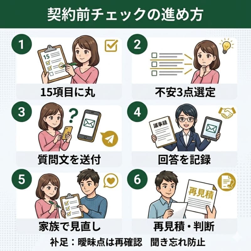 一条工務店の契約前チェックの進め方を6ステップで図解したインフォグラフィック。