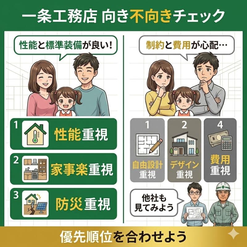一条工務店 向き不向きチェック：性能重視 vs 自由設計・費用重視。